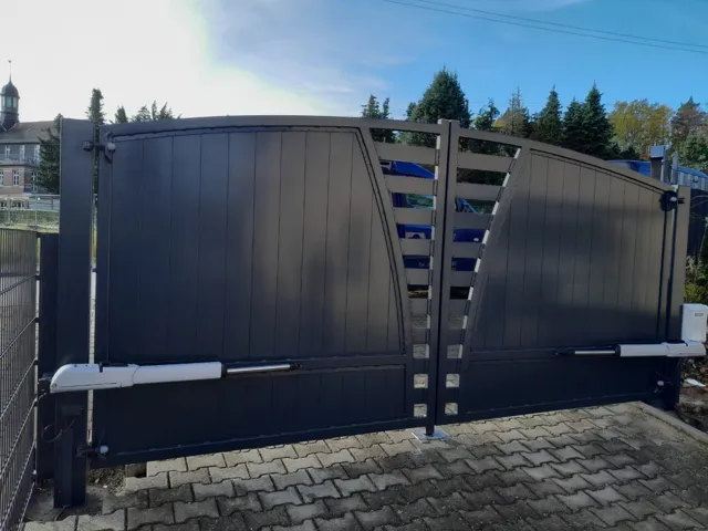 Zweiflügelige Toranlage mit geschlossenen Metallfüllungen